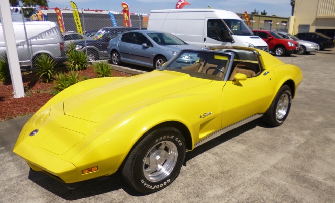 Very clean 1974 corvette stingray, 350 engine, automatic, beautiful saddle interior, original yellow colour paint &amp; body is excellent, American racing wheels. &nbsp;